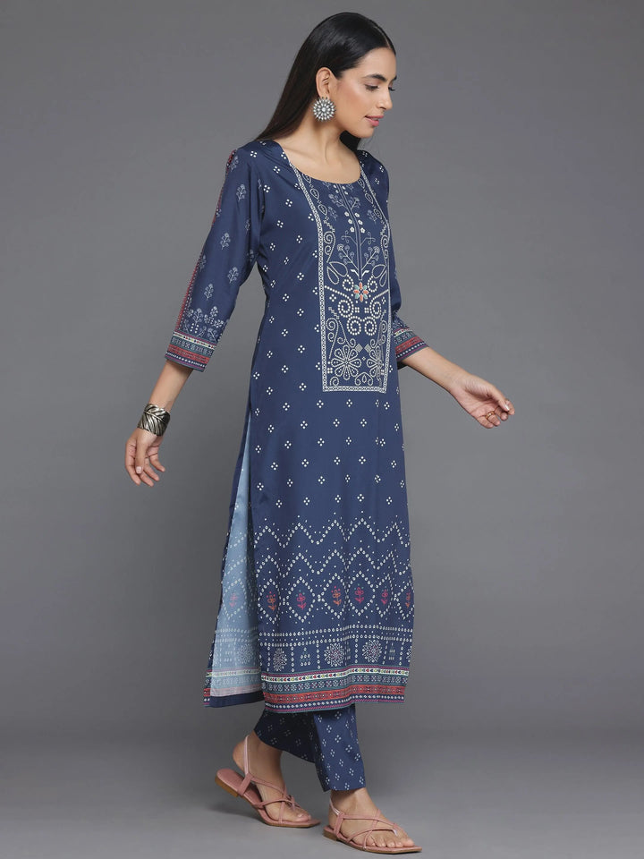 Blue Printed Poly Crepe Straight Kurta Set - Libas