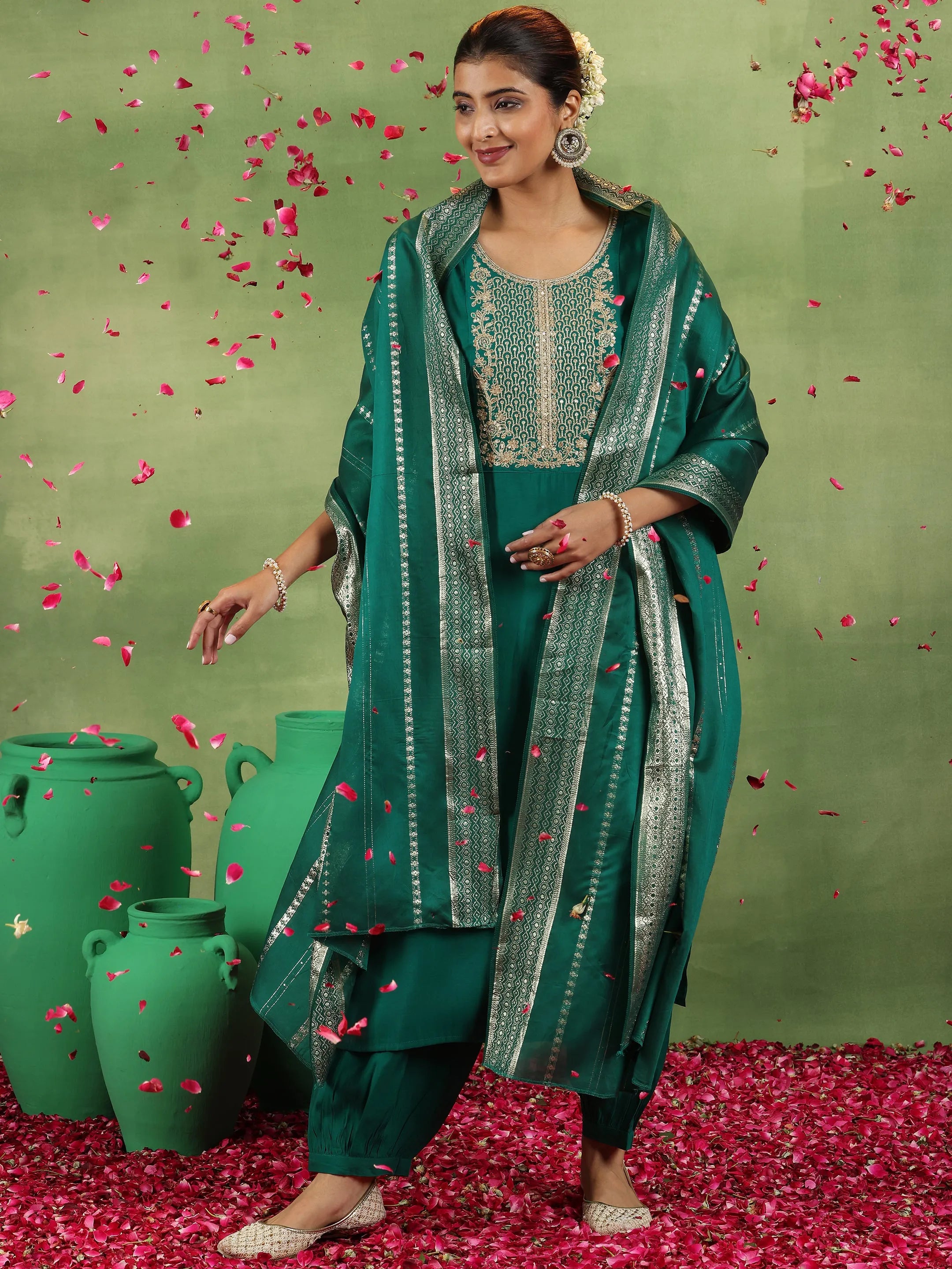 Green Yoke Design Silk Blend Straight Suit With Dupatta Online at Rs.1199 | Libas
