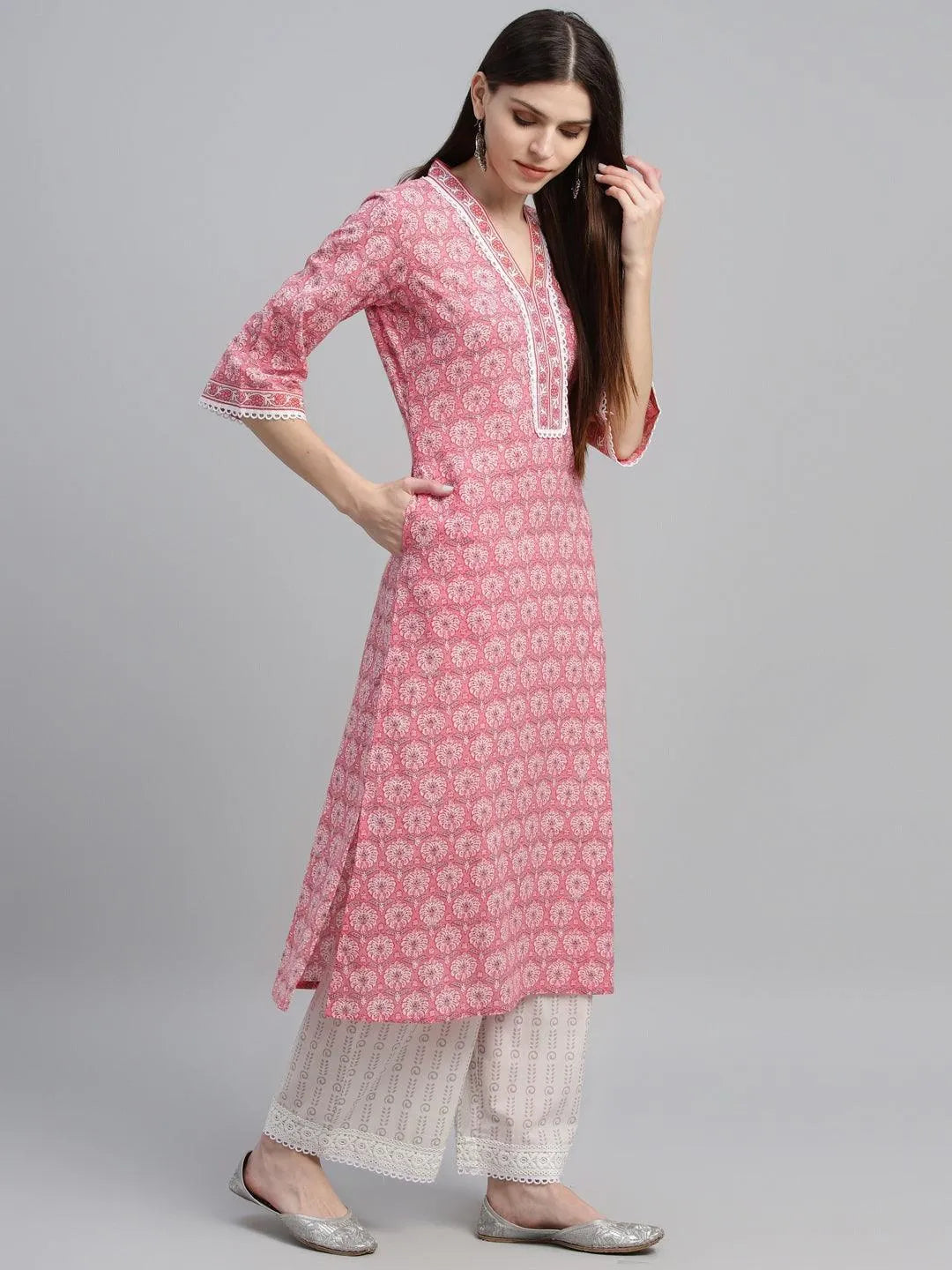 Peach Printed Cotton Straight Suit With Dupatta - Libas