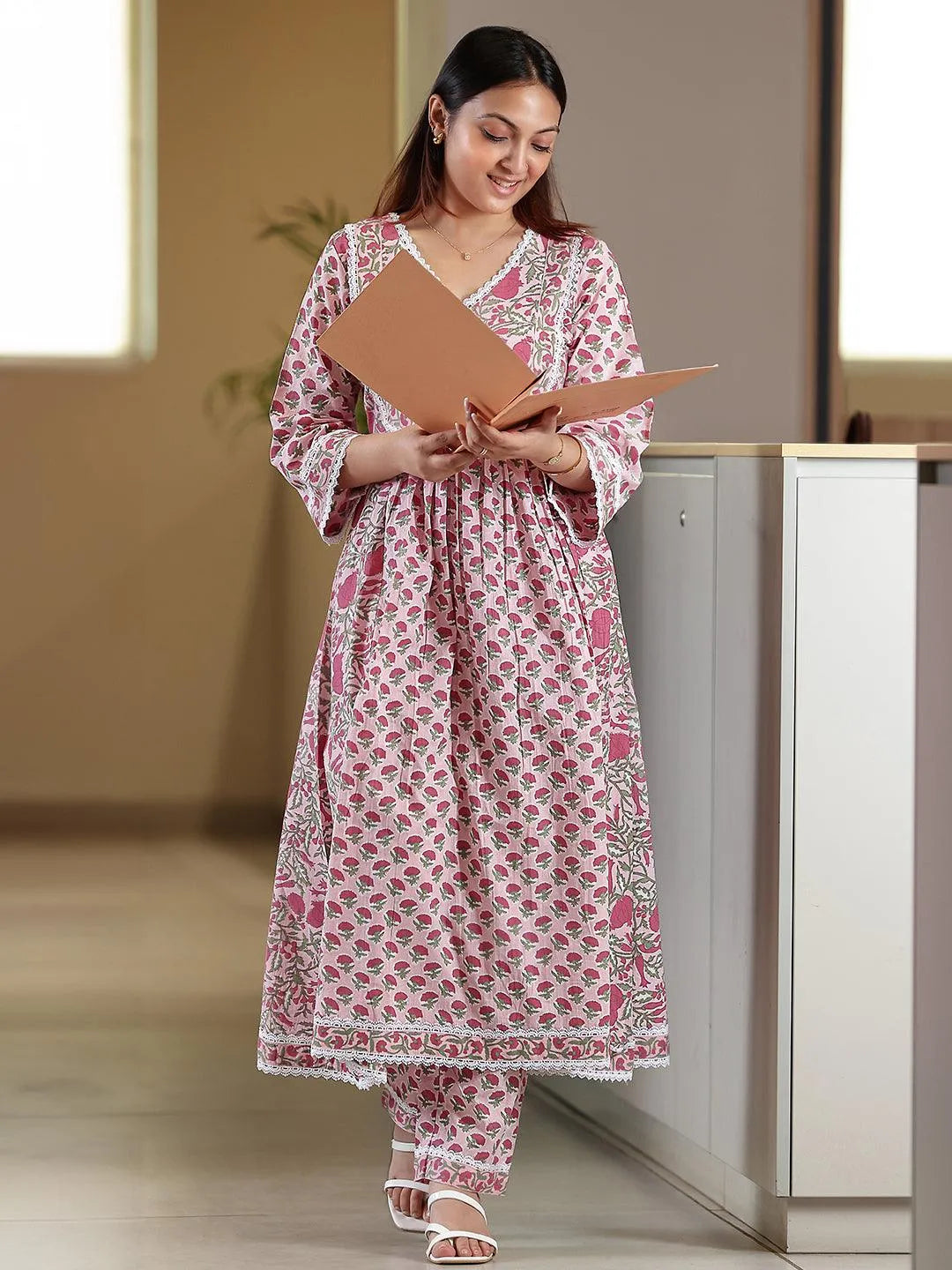 Buy Pink Printed Cotton A-Line Kurta With Palazzos Online at Rs