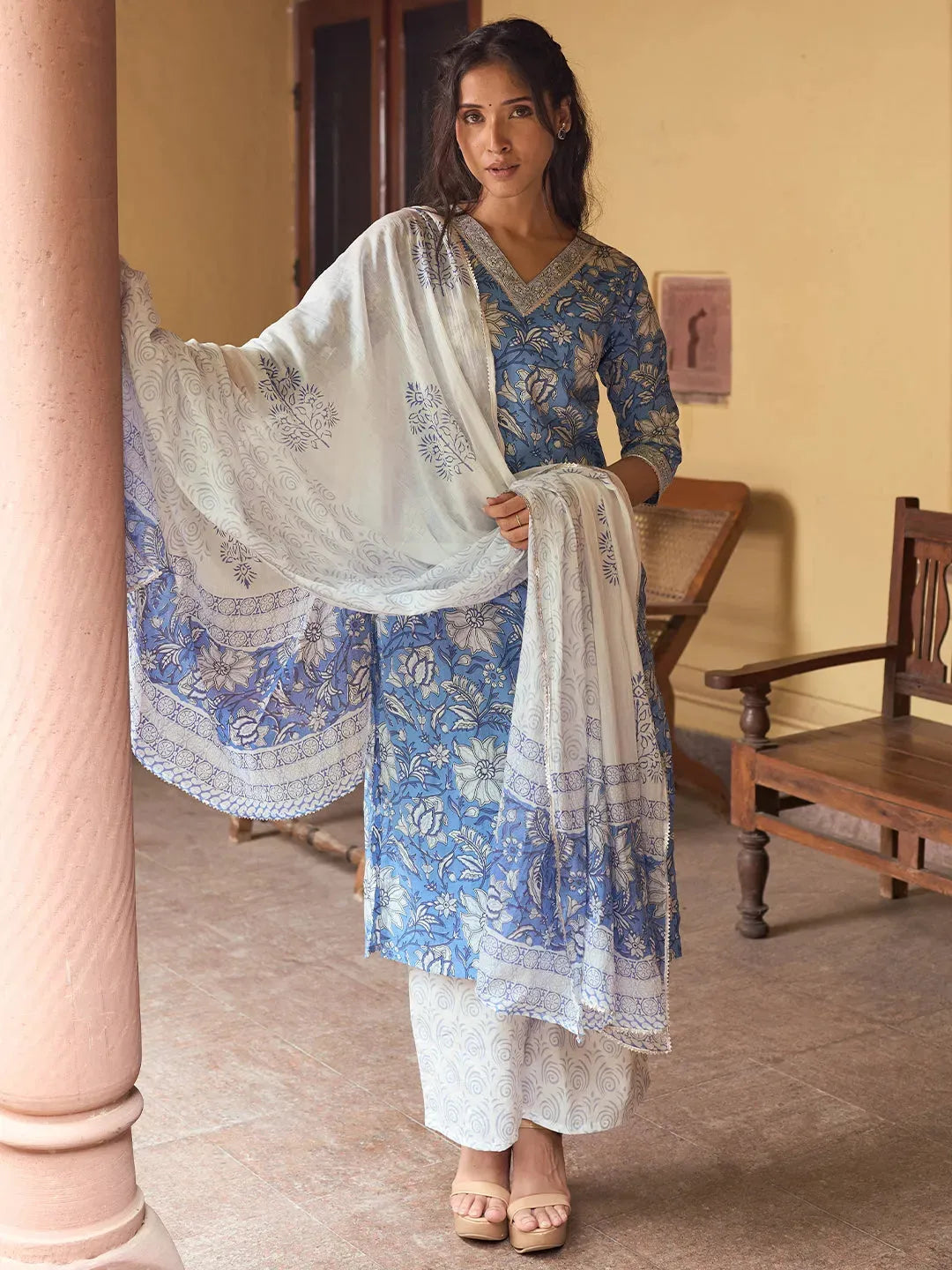 Blue Printed Chinon Straight Suit Sets With Dupatta main image 0
