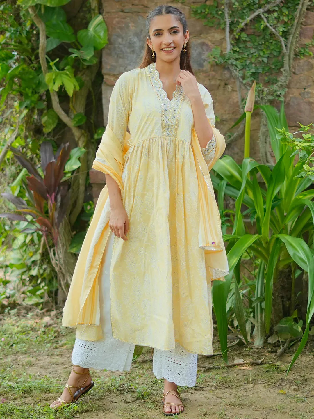 Buy Mahnoor Yellow Printed Cotton A-Line Kurta With Palazzos