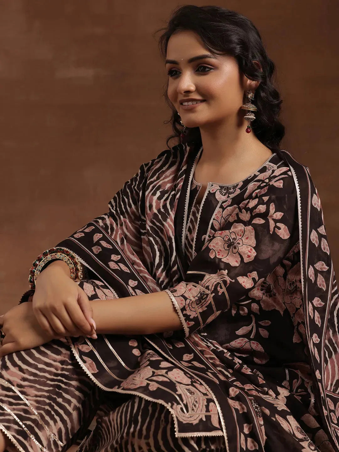 Black Printed Muslin Straight Suit Set With Dupatta
