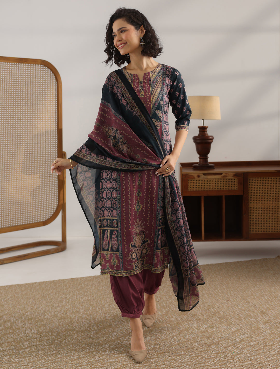Black Printed Crepe Straight Suit With Dupatta
