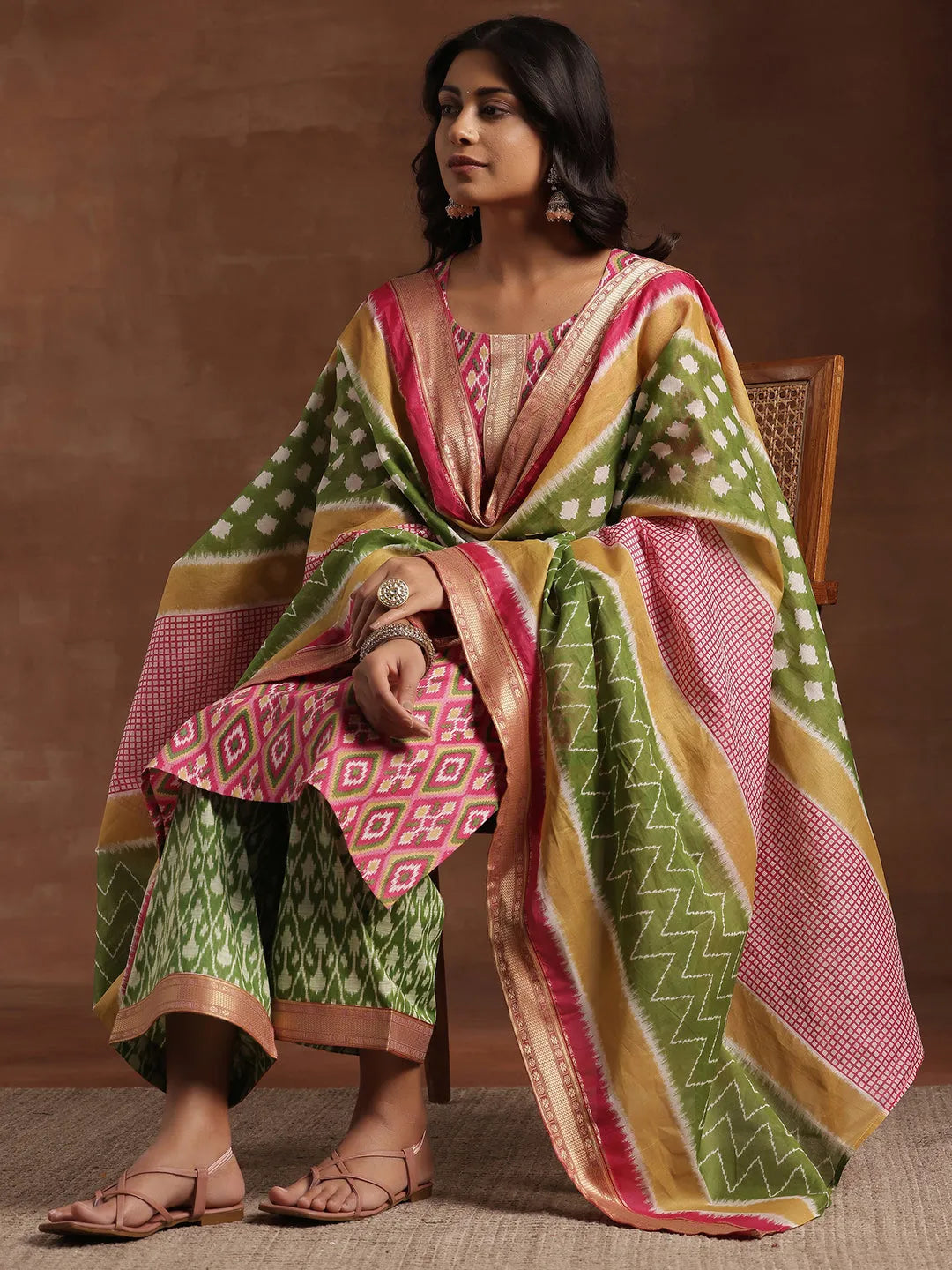 Pink Solid Cotton Blend A-Line Suit Sets With Dupatta