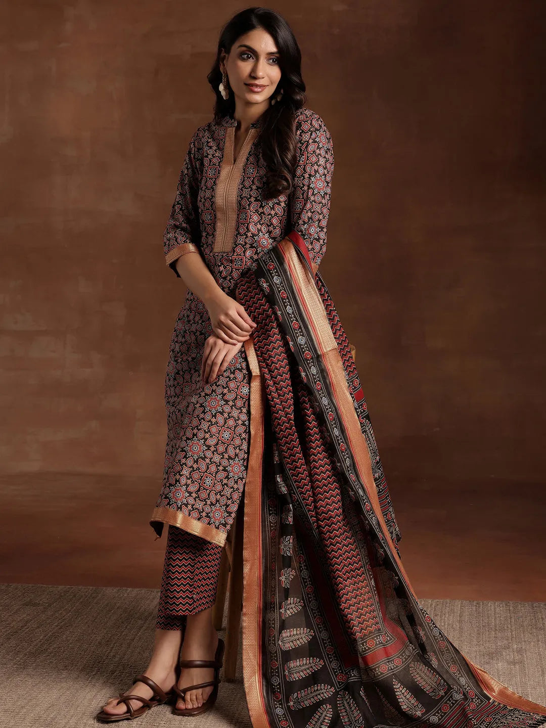Black Printed Cotton Straight Suit With Dupatta