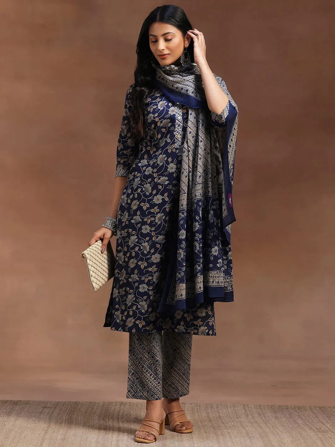 Blue Printed Chinon Straight Suit Sets With Dupatta main image 1