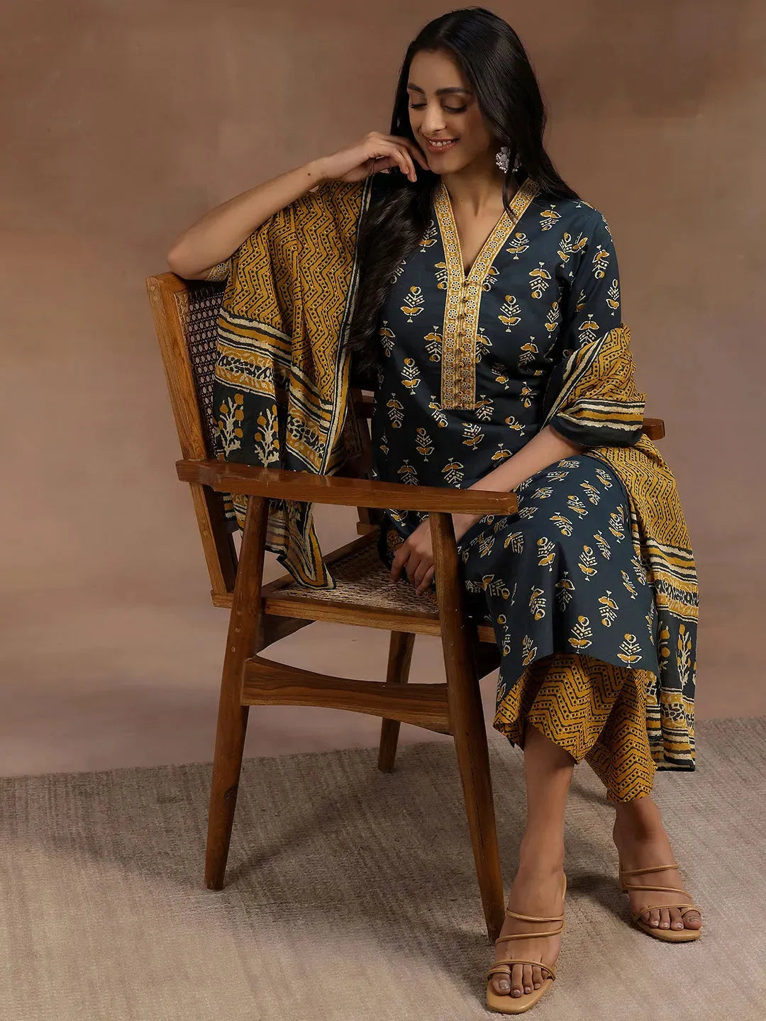 Green Printed Cotton Straight Suit With Dupatta