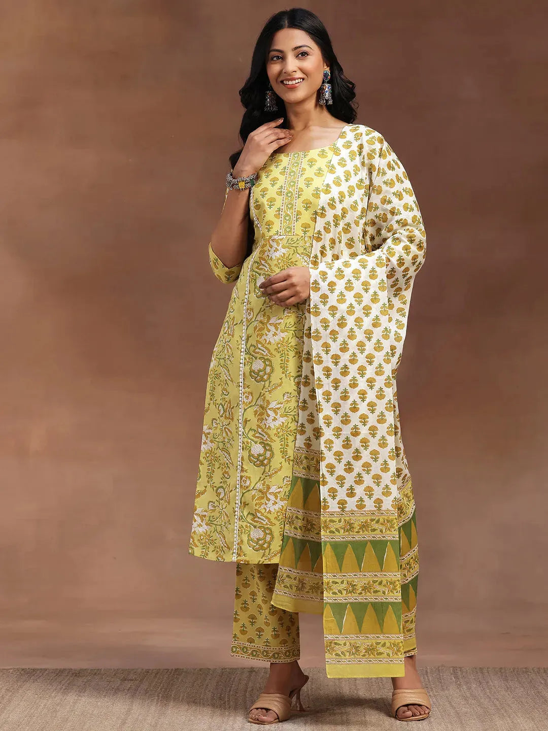 Plus Size Yellow Printed Cotton Blend Straight Suit With Dupatta