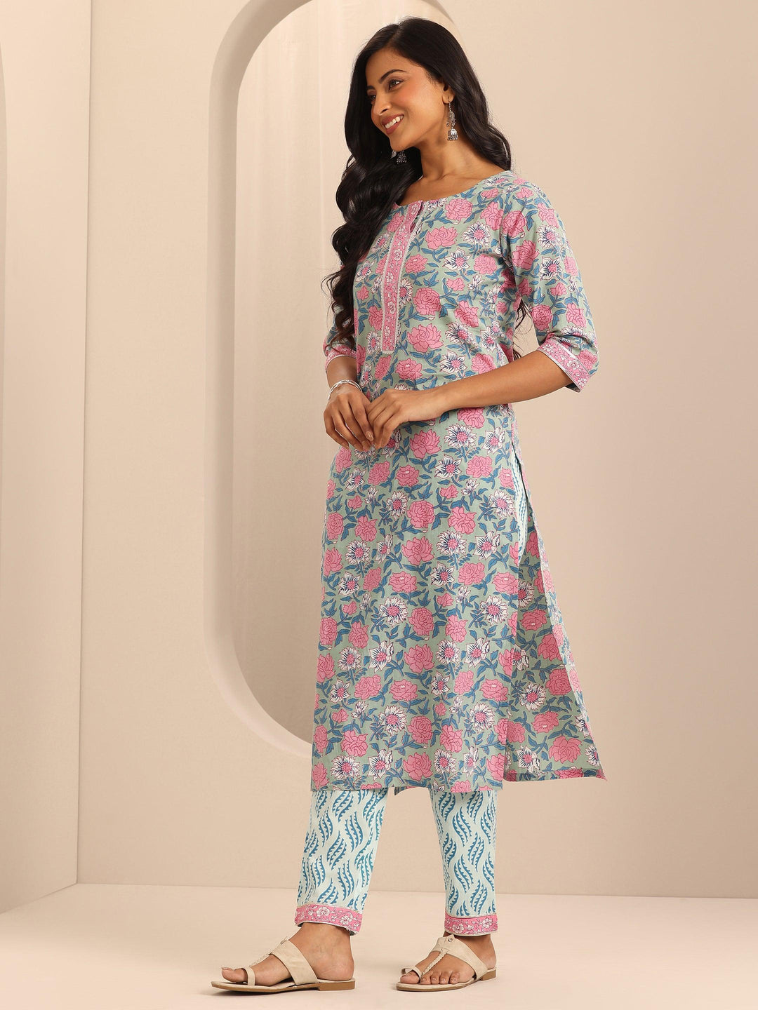 Blue Printed Cotton Straight Suit With Dupatta