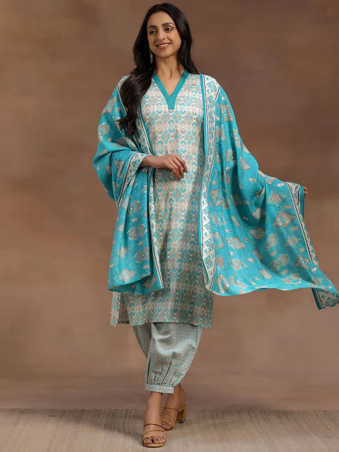 Blue Solid Silk Blend Straight Suit With Dupatta main image 0