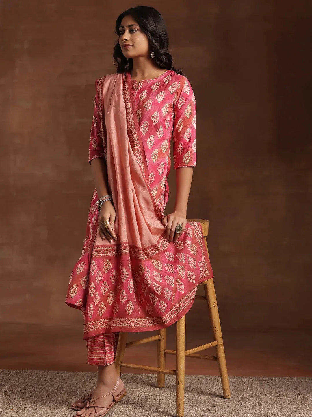 Pink Printed Silk Blend Straight Suit Set main image 1