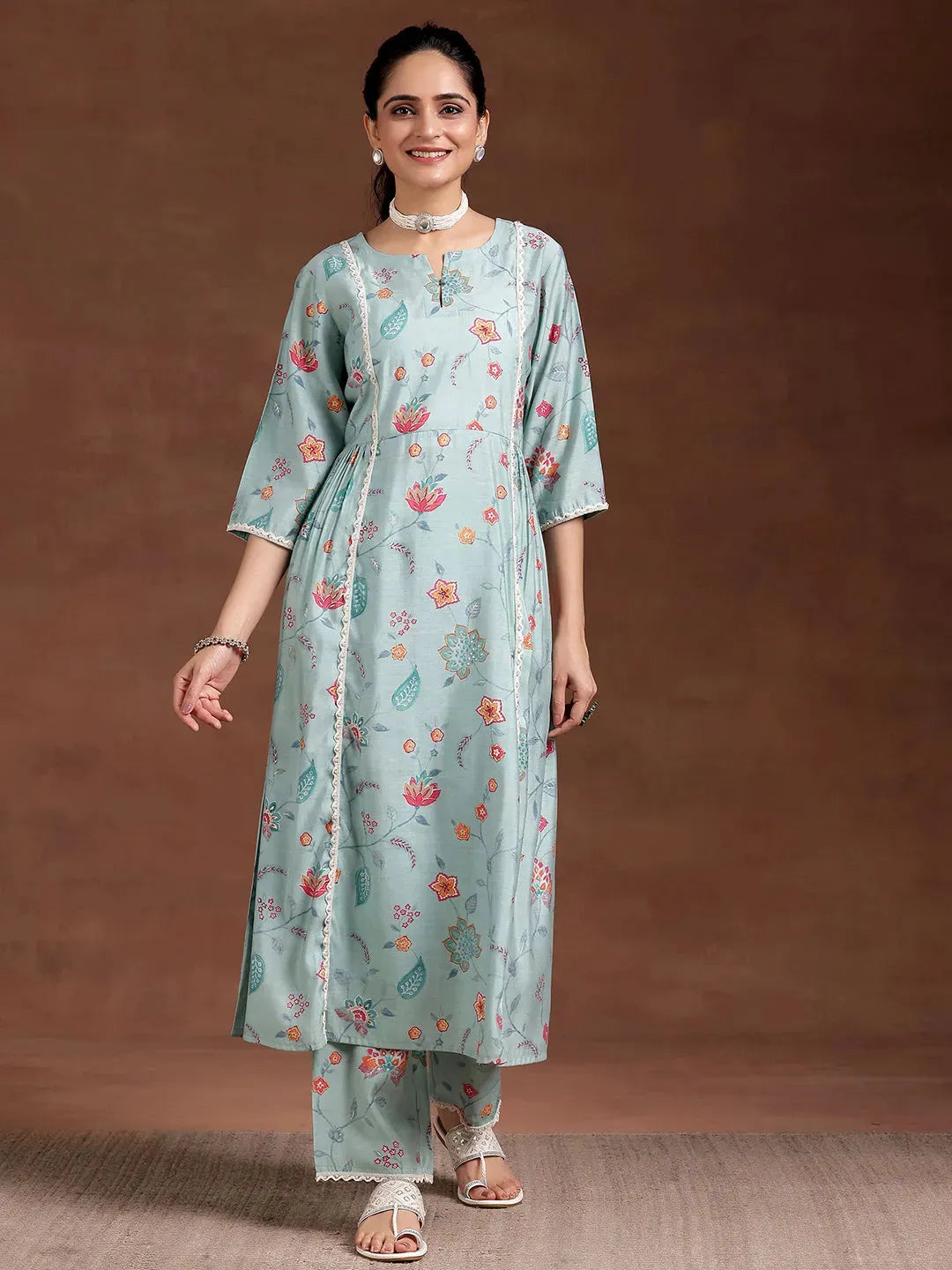 Blue Printed Silk Blend A-Line Kurta With Trousers