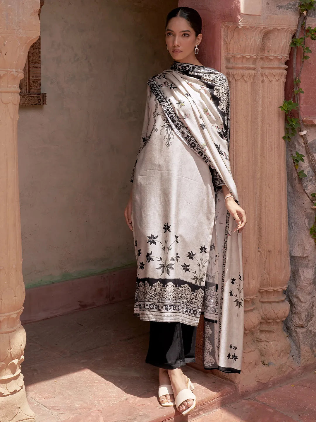Monochrome Printed Silk Blend Straight Suit With Dupatta