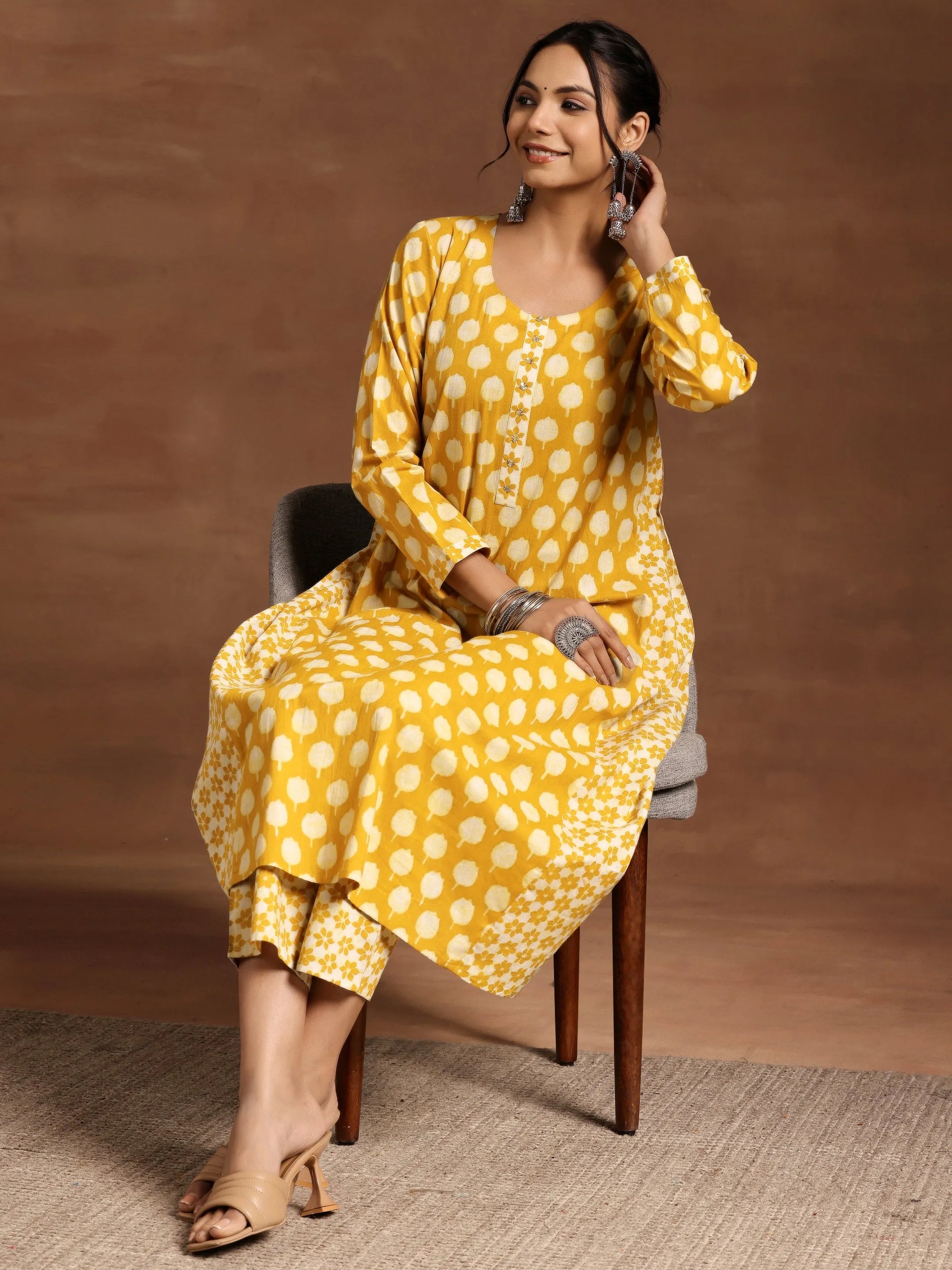 Mustard Cotton Aline Gathered Kurta