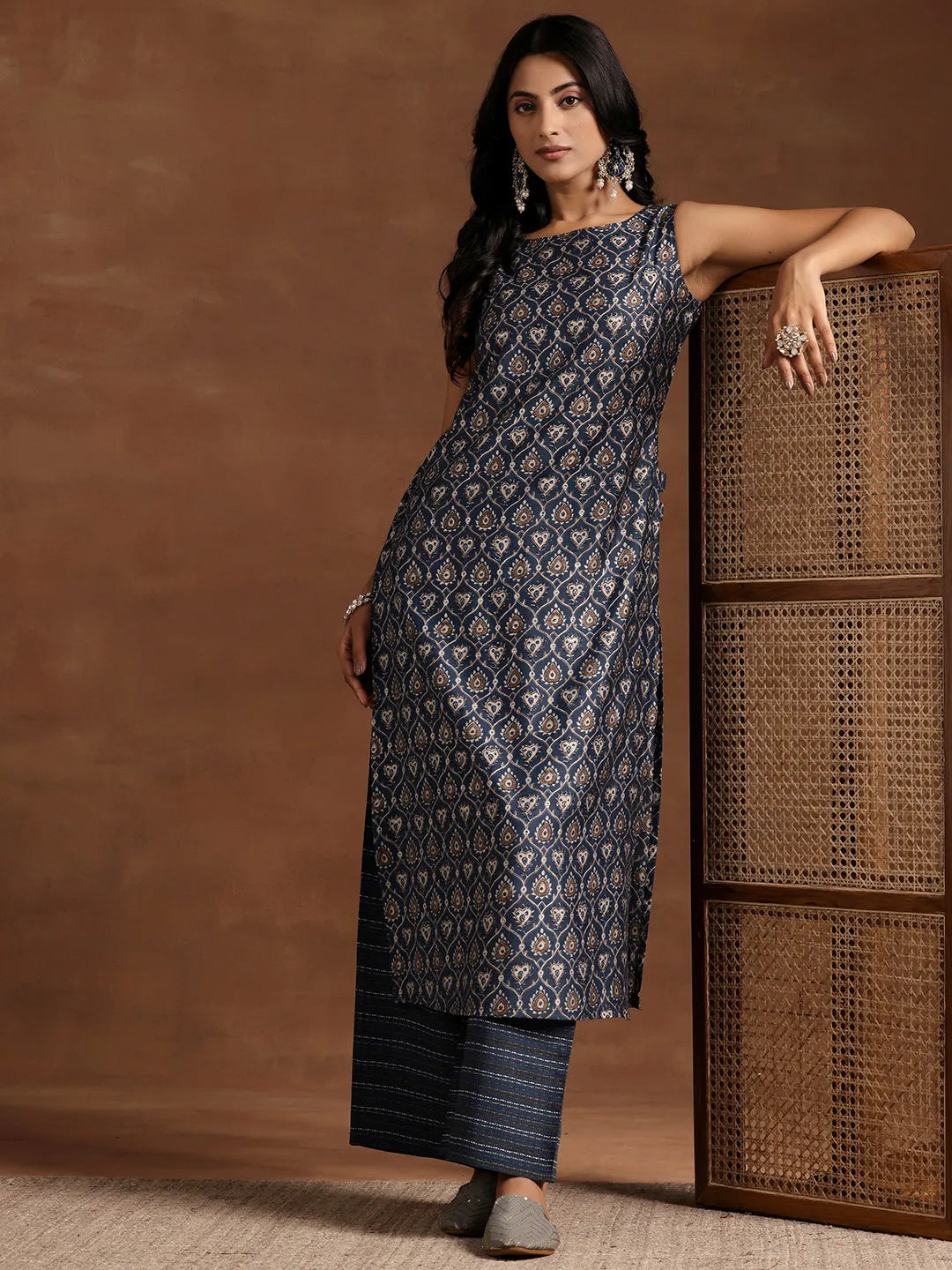 Blue Printed Silk Blend Straight Kurta Set