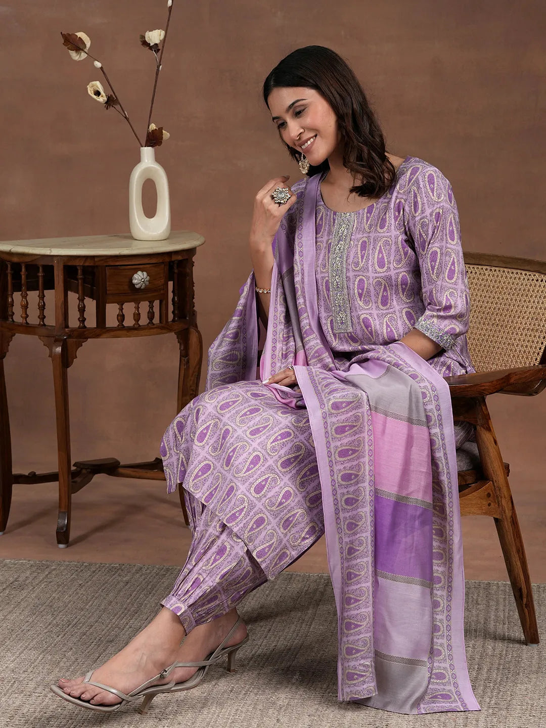 Yellow Printed Silk Blend Straight Suit Set WIth Dupatta