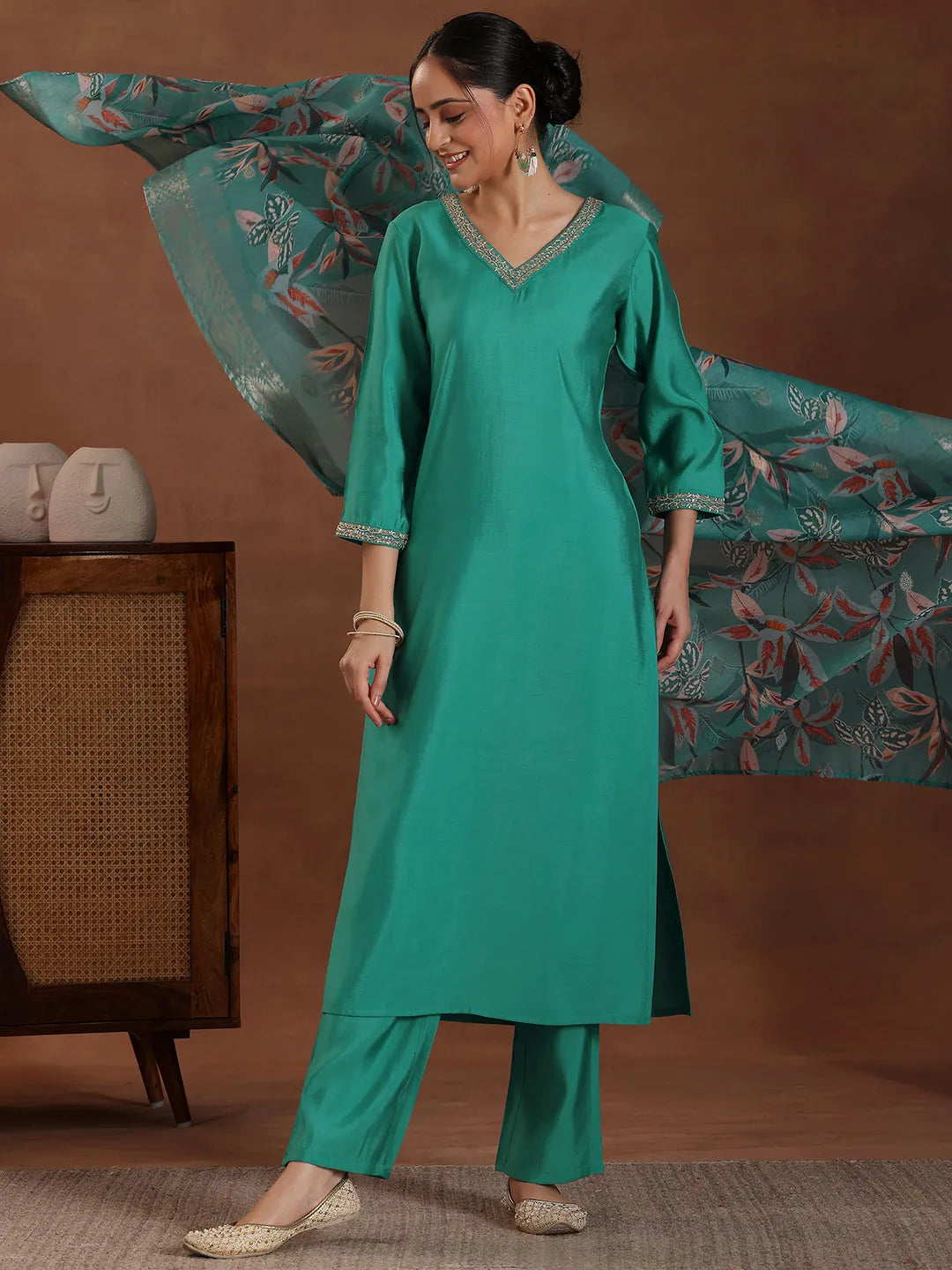 Navy Blue Solid Silk Blend Straight Suit With Dupatta