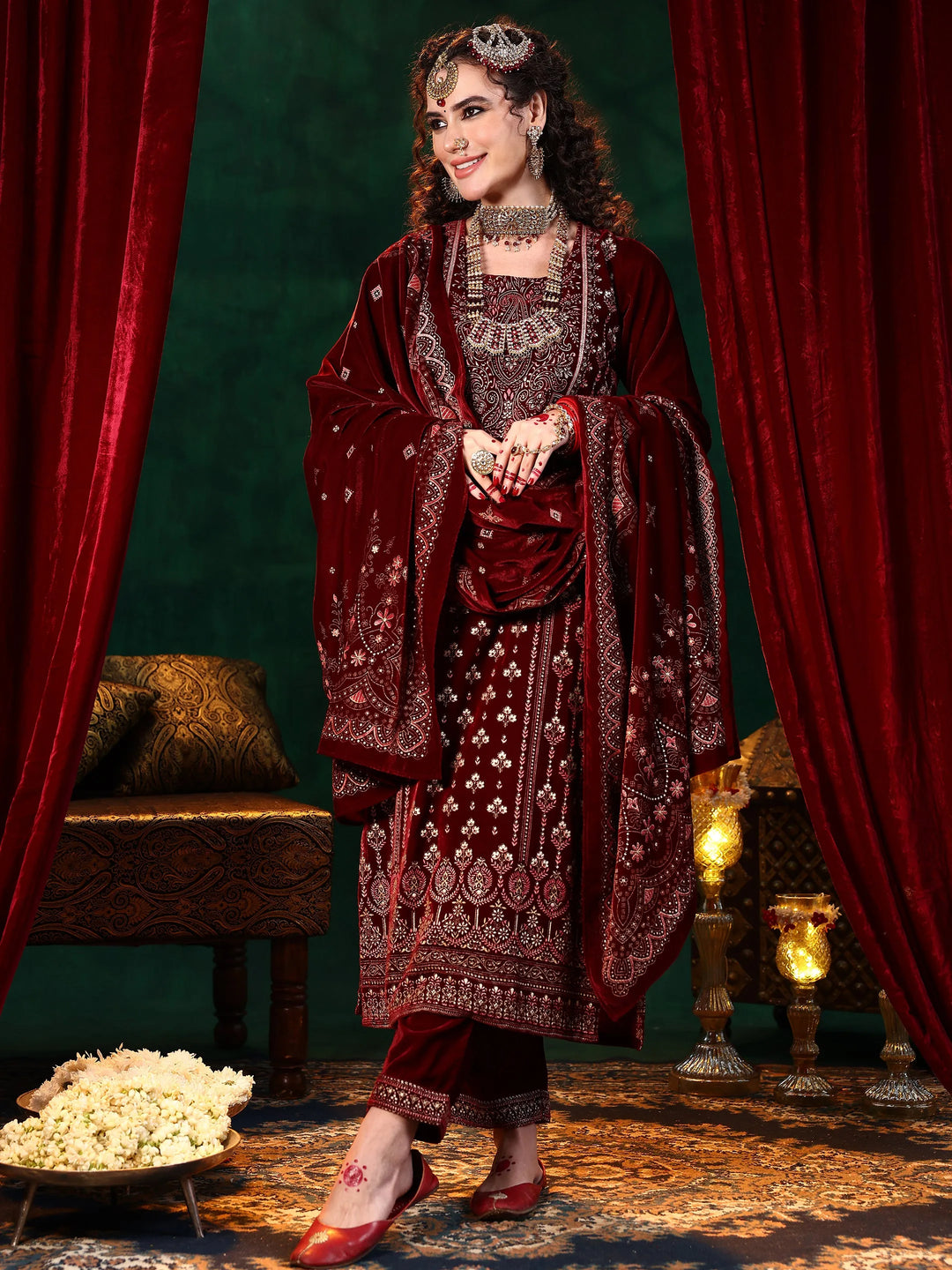 Maroon Printed Velvet Straight Suit With Dupatta