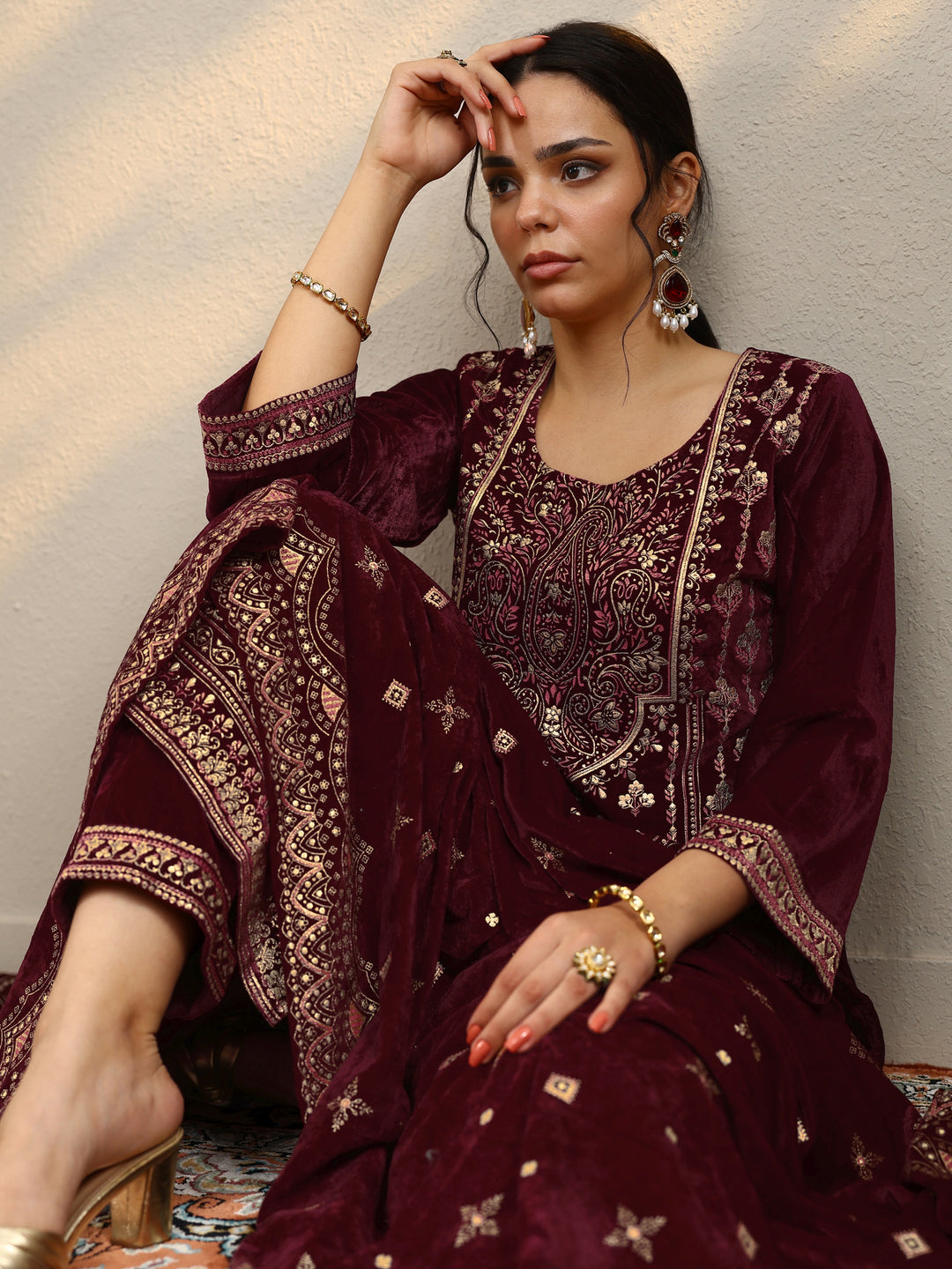 Maroon Printed Velvet Straight Suit With Dupatta