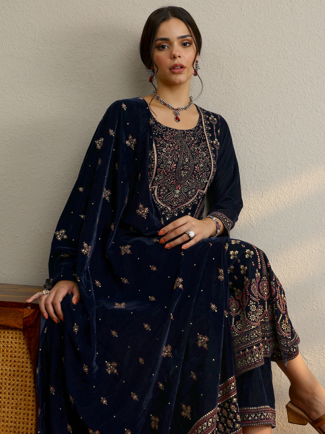 Blue Printed Velvet Straight Suit With Dupatta