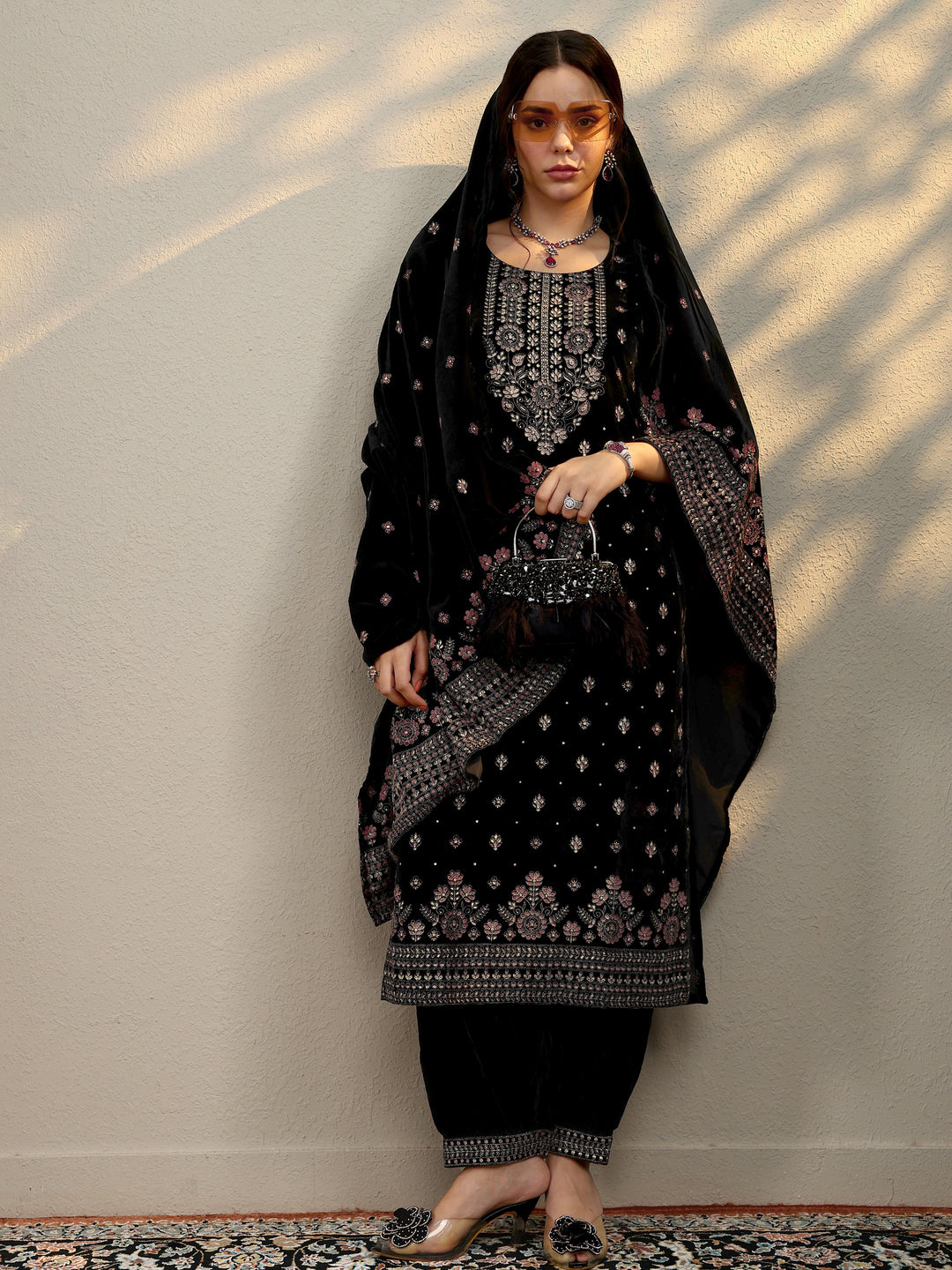 Black Embroidered Velvet Straight Suit With Dupatta