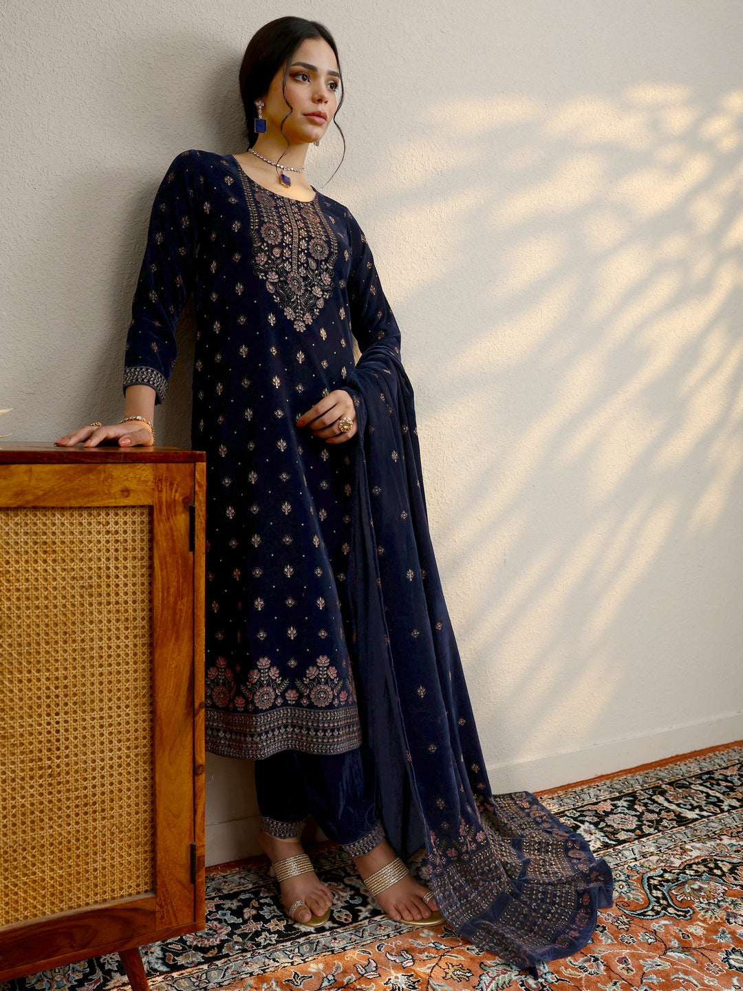 Blue Embroidered Velvet Straight Suit With Dupatta