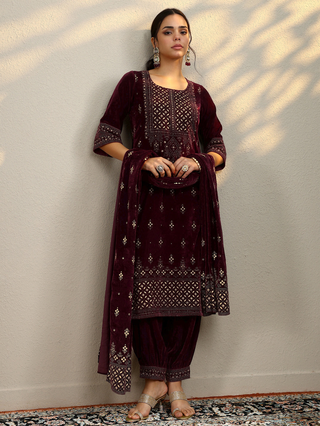 Burgundy Embroidered Velvet Straight Suit With Dupatta
