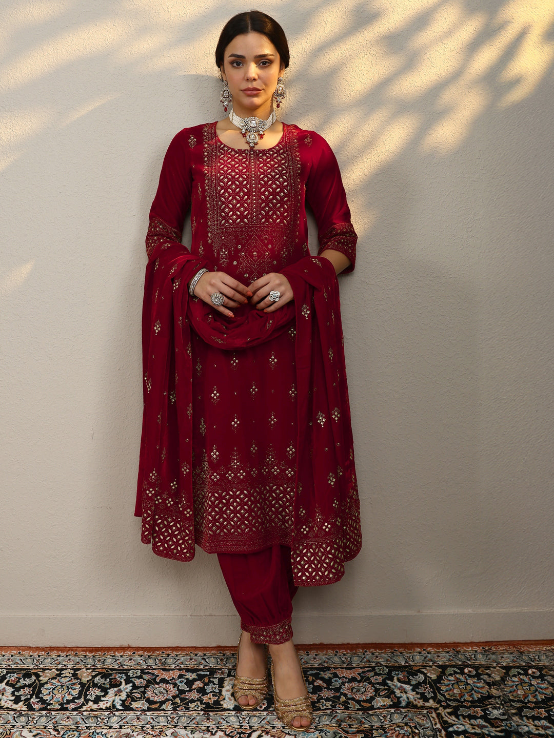 Red Embroidered Velvet Straight Suit With Dupatta