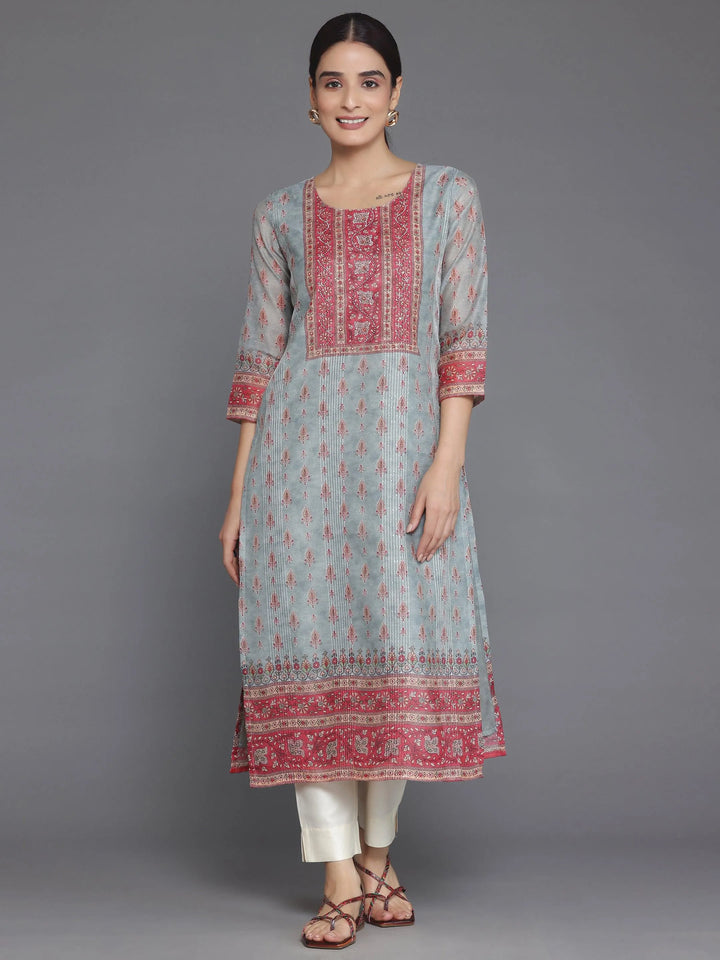 Grey Printed Chanderi Silk Straight Kurta - Libas