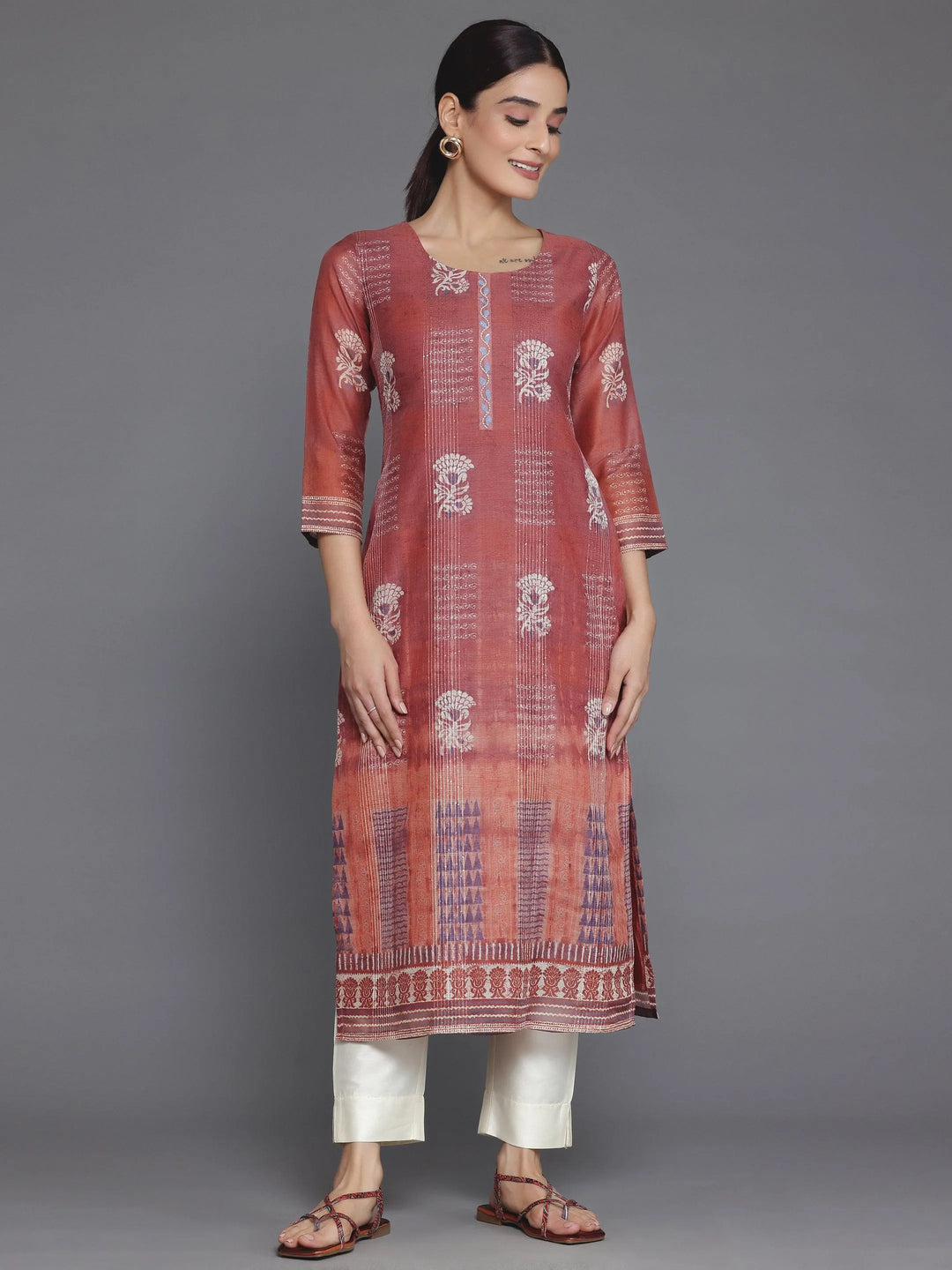 Rust Printed Chanderi Silk Straight Kurta - Libas