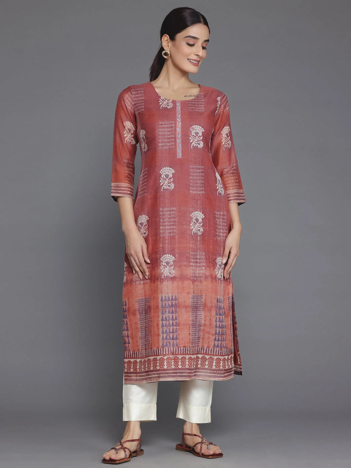 Rust Printed Chanderi Silk Straight Kurta - Libas