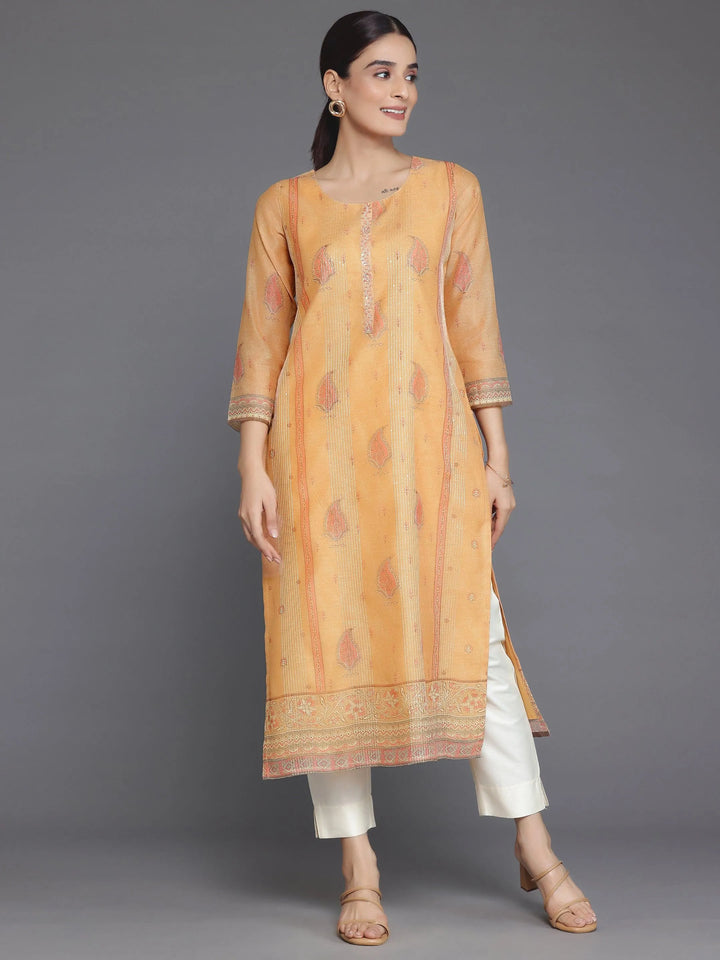 Orange Embellished Chanderi Silk Straight Kurta - Libas