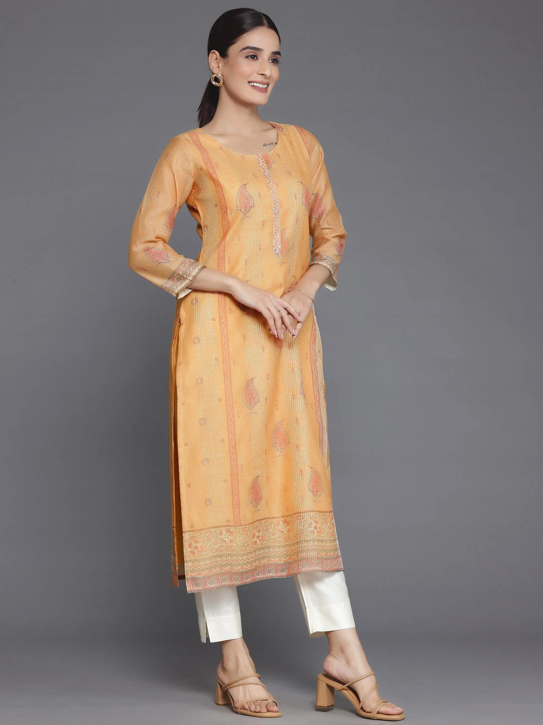 Orange Embellished Chanderi Silk Straight Kurta - Libas