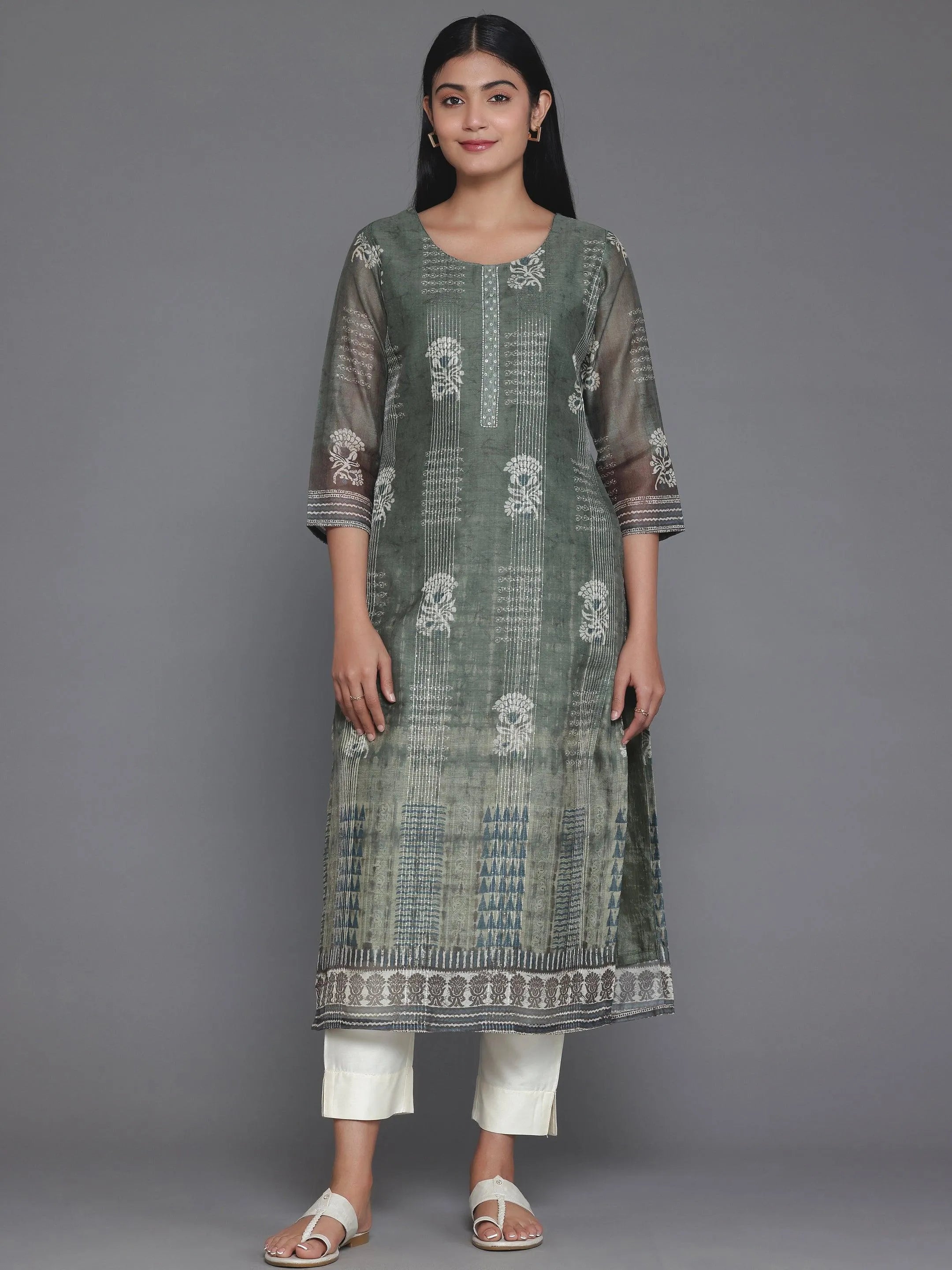 Floral Foil Print Chanderi Straight Kurta (With Lining) With Solid Skirt And Printed Dupatta