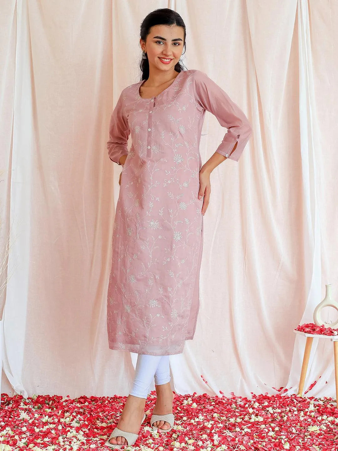 Mauve Embroidered Silk Straight Kurta Online at Rs.1385 | Libas