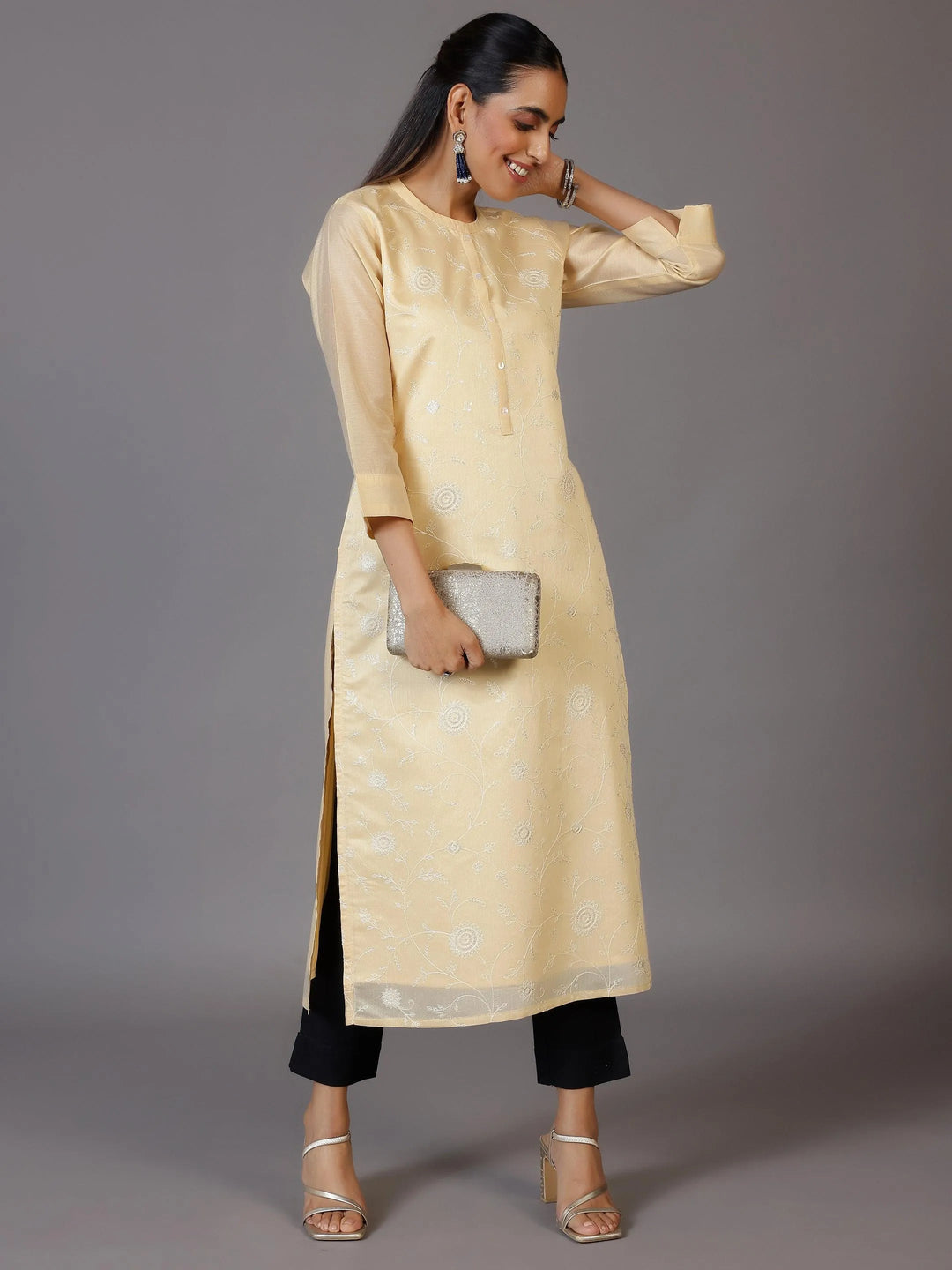 Gold Embroidered Silk Straight Kurta - Libas
