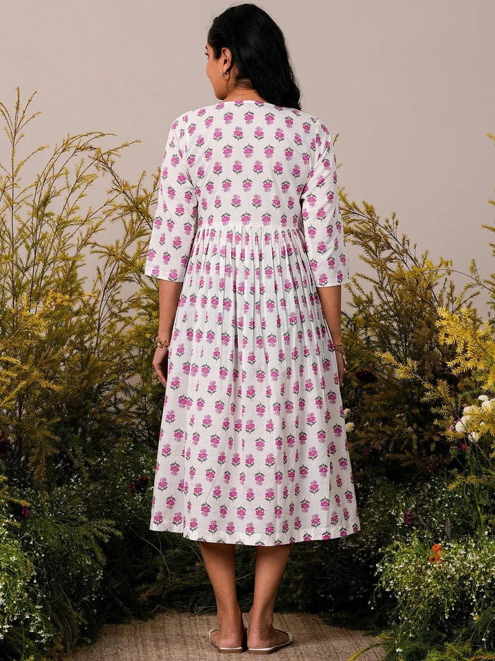 White Printed Cotton Fit and Flare Dress - Libas