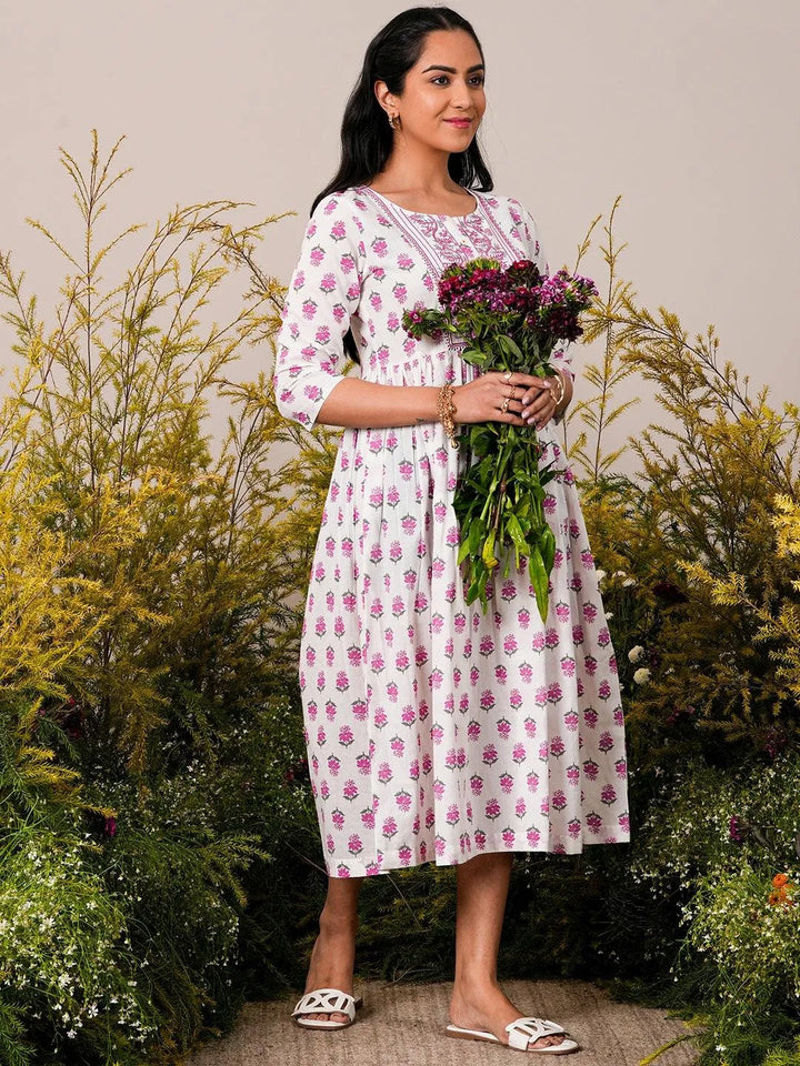 White Printed Cotton Fit and Flare Dress - Libas