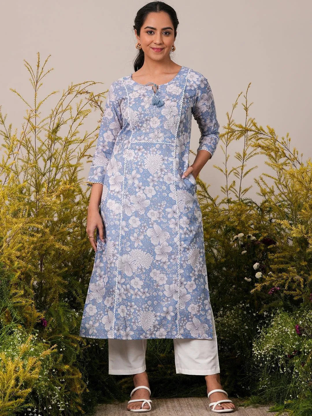 Blue Printed Cotton Straight Kurta - Libas