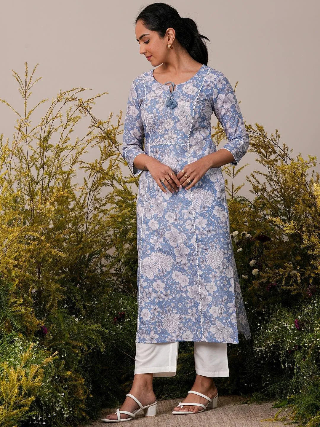 Blue Printed Cotton Straight Kurta - Libas
