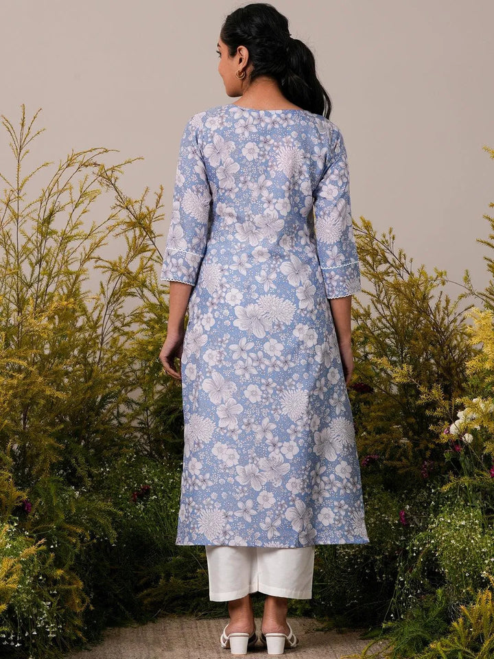 Blue Printed Cotton Straight Kurta - Libas