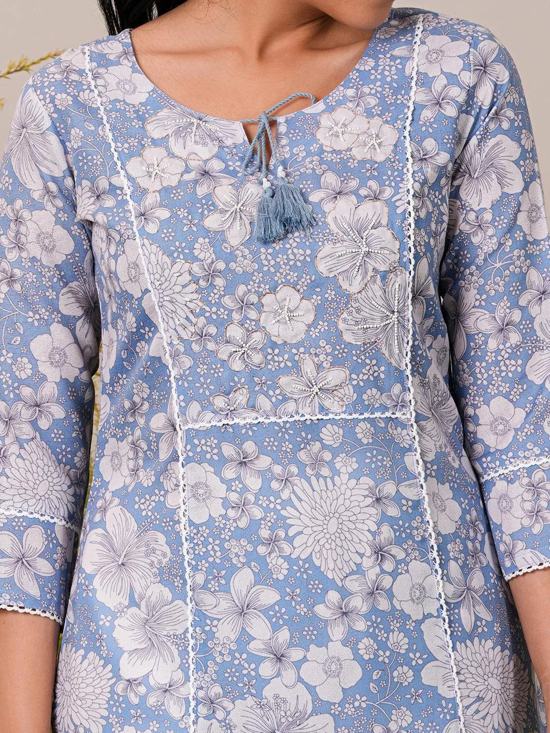 Blue Printed Cotton Straight Kurta - Libas