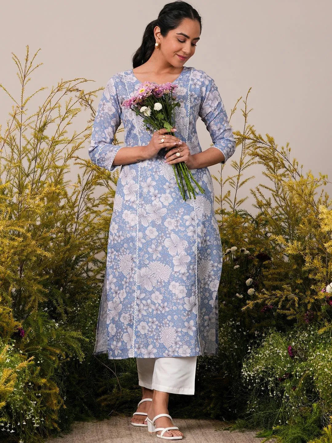 Blue Printed Cotton Straight Kurta - Libas