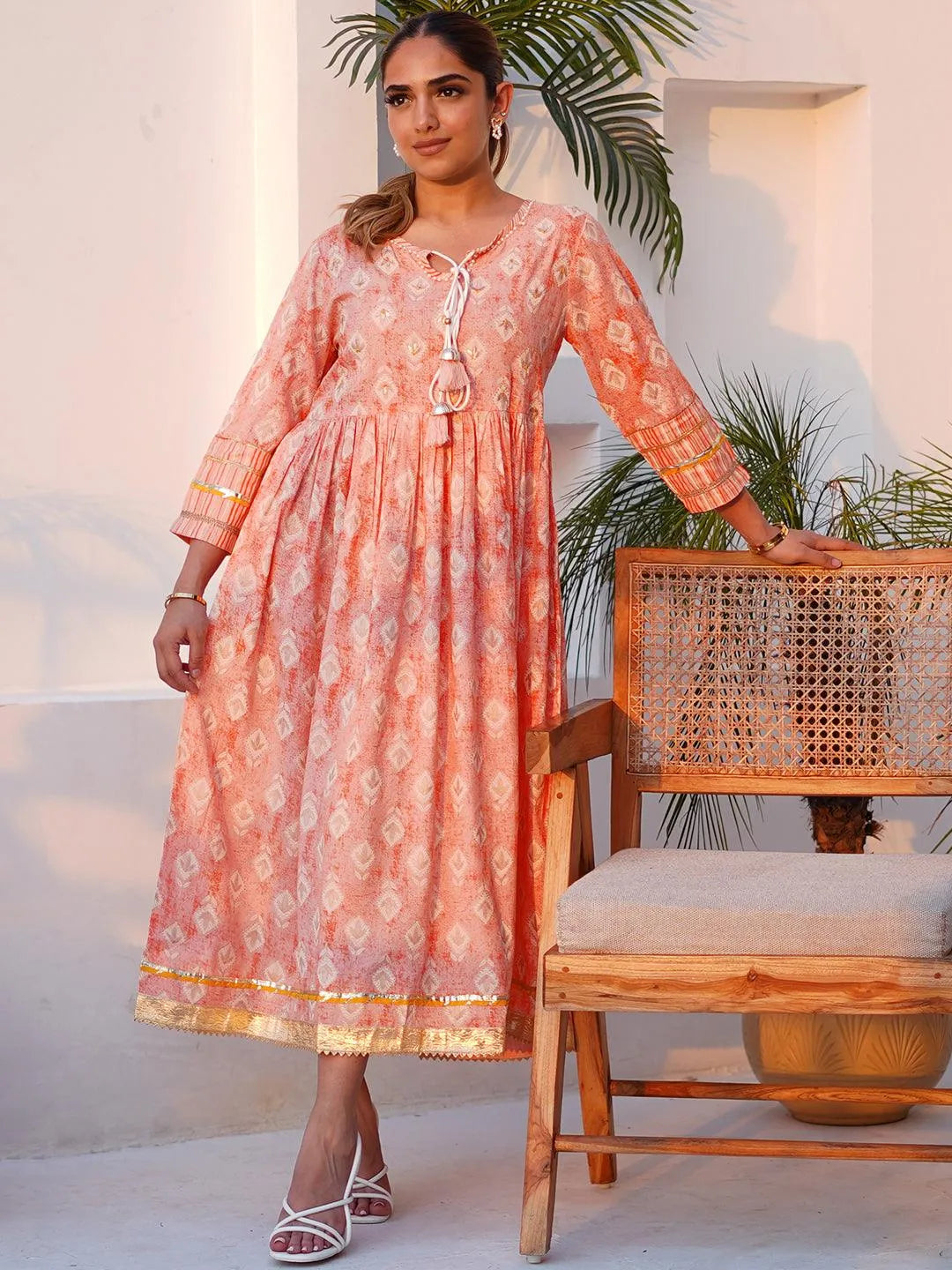 Buy Peach Printed Cotton Fit and Flare Dress Online at Rs.659 | Libas Buy Peach Printed Cotton Fit and Flare Dress Online at Rs.659 | Libas