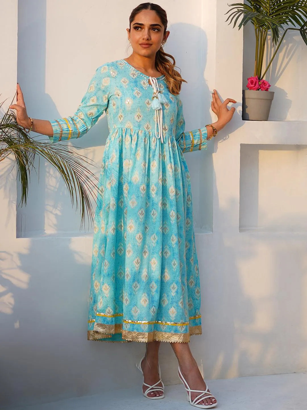 Turquoise Printed Cotton Fit and Flare Dress - Libas