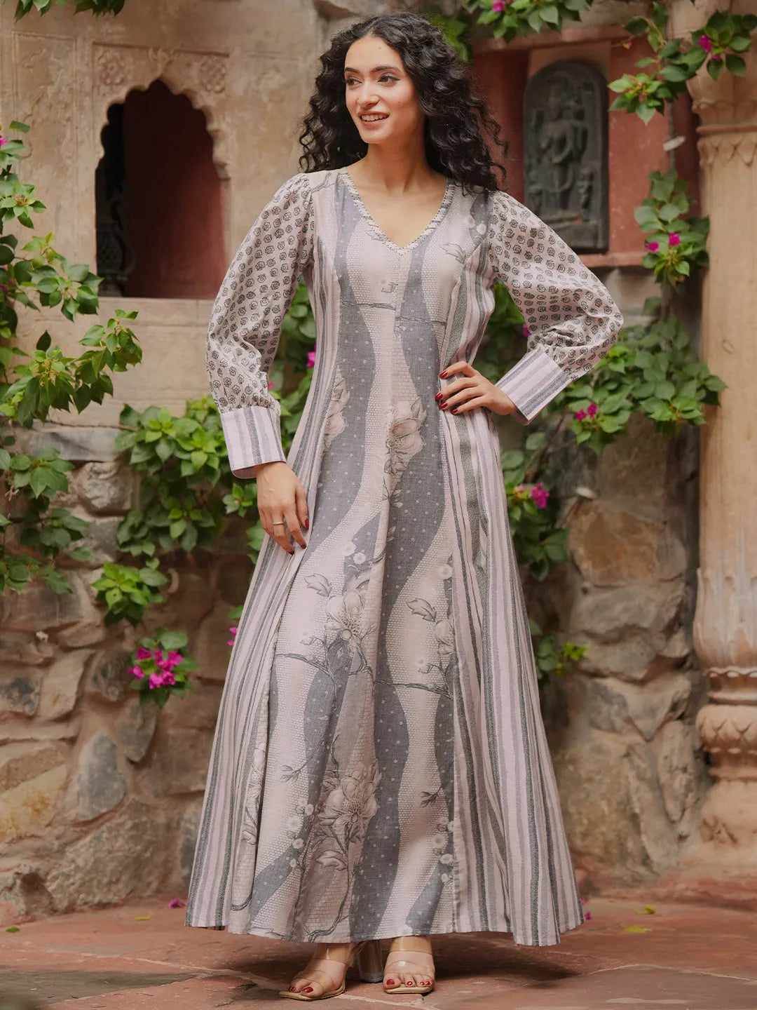 a line dress online india Libas Blue Printed Cotton A-Line Dress