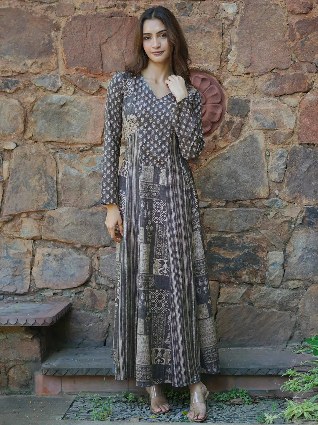 Buy Grey Printed Cotton Blend A-Line Dress Online at Rs.1199 | Libas