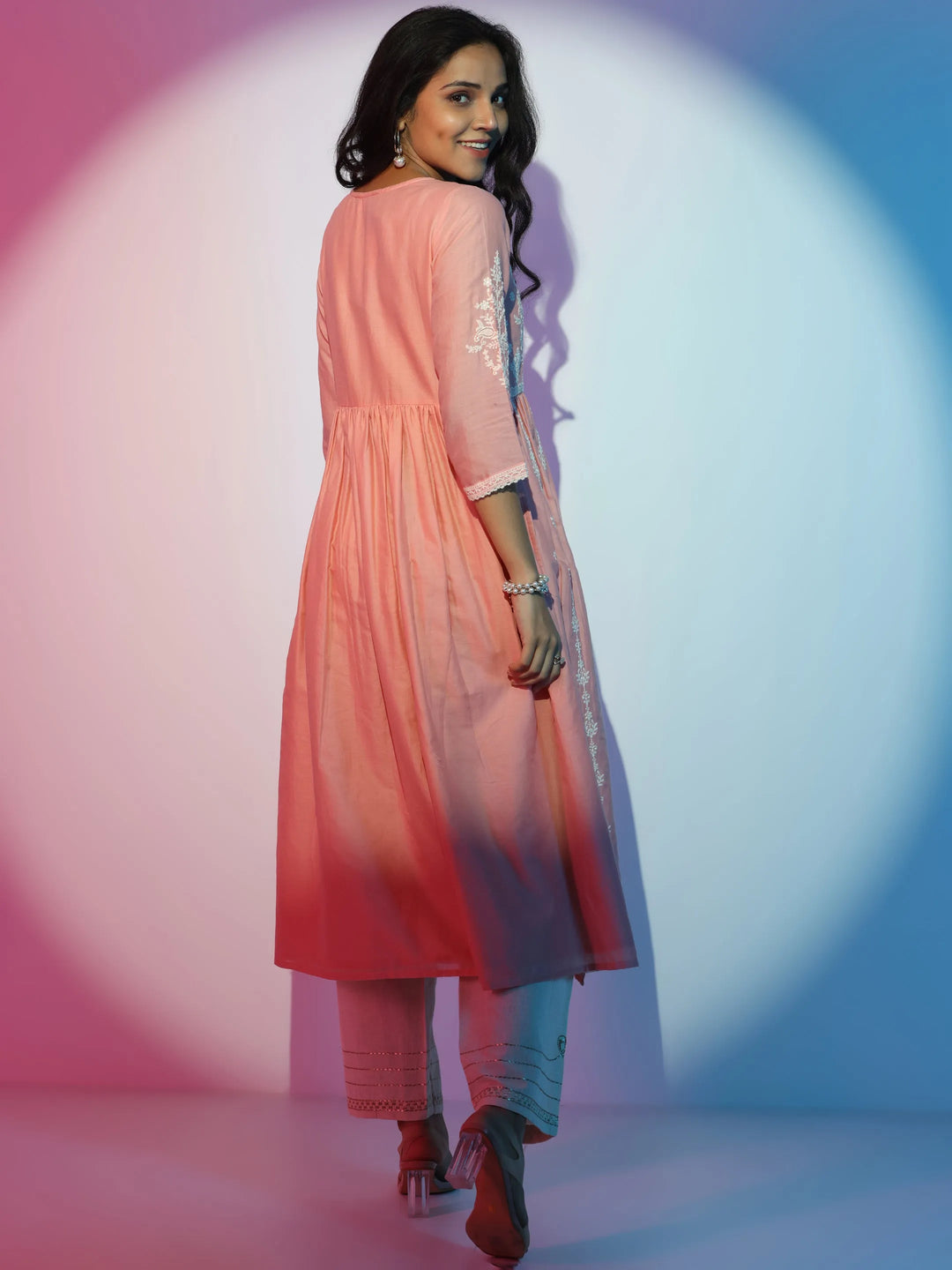 Peach Embroidered Cotton A-Line Kurta