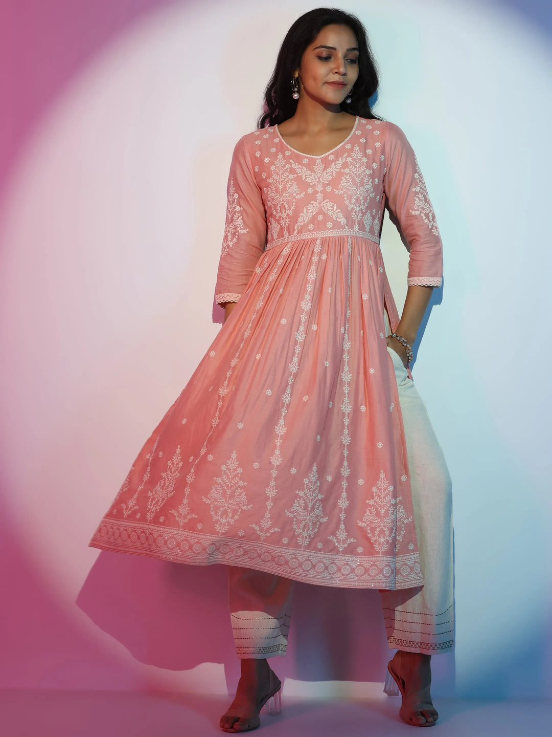Peach Embroidered Cotton A-Line Kurta